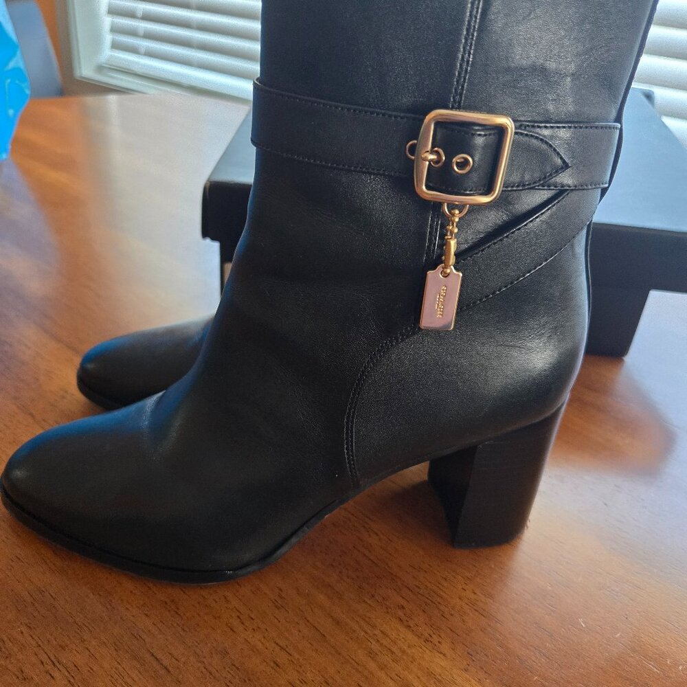 GENIUNE BLACK LEATHER COACH BOOTIES WITH GOLD COACH TAGS ATTACHED TO BUCKLES
